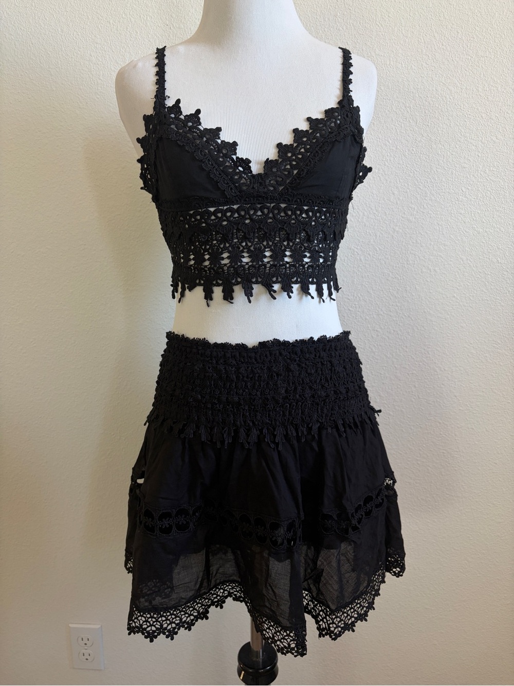Women's Black Crochet Tiered Mini Skirt and Top Boho